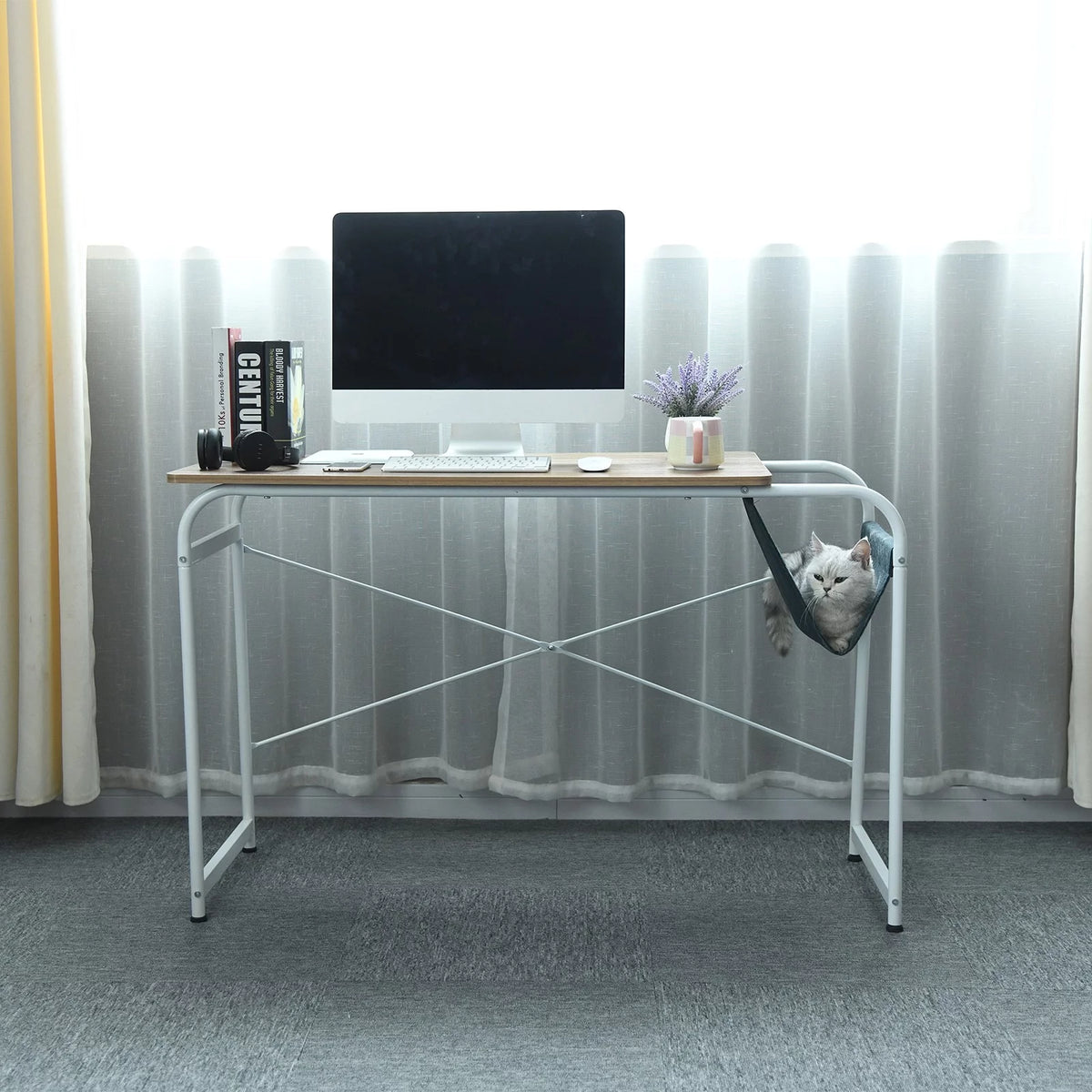 Farmhouse Wooden Desk with Cloth Bag Storage V42764