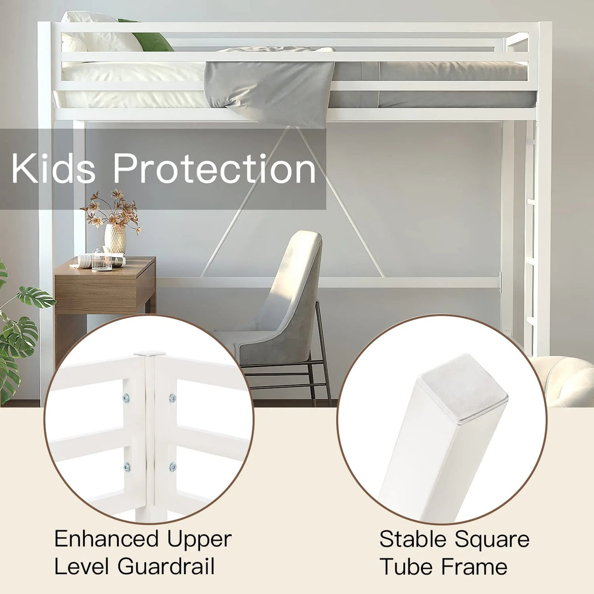 Twin Size White Loft Bed with Metal Ladder U7327