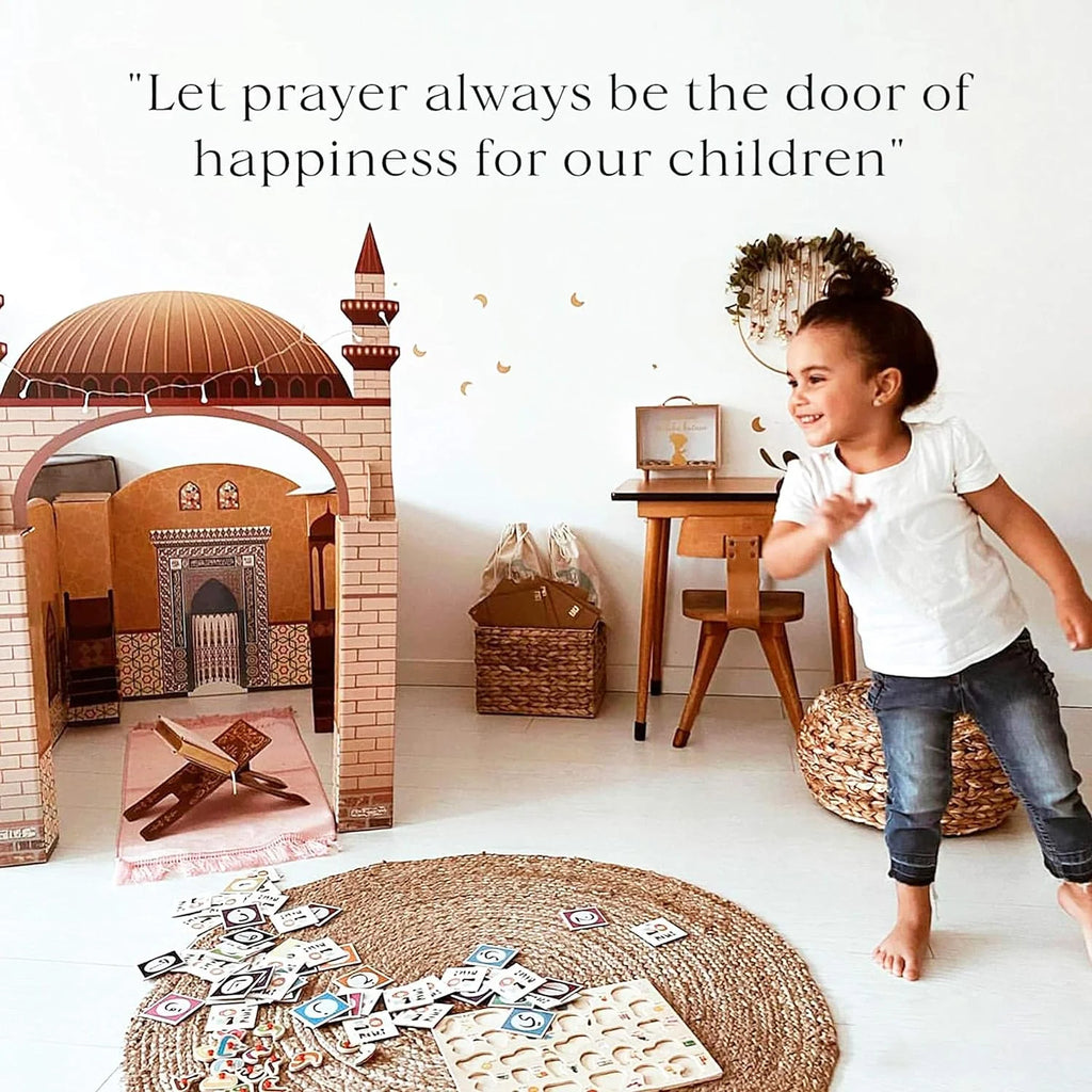 Portable Cardboard Playhouse Masjid for Muslim Kids Educational Interactive Toy with Prayer Mat B335