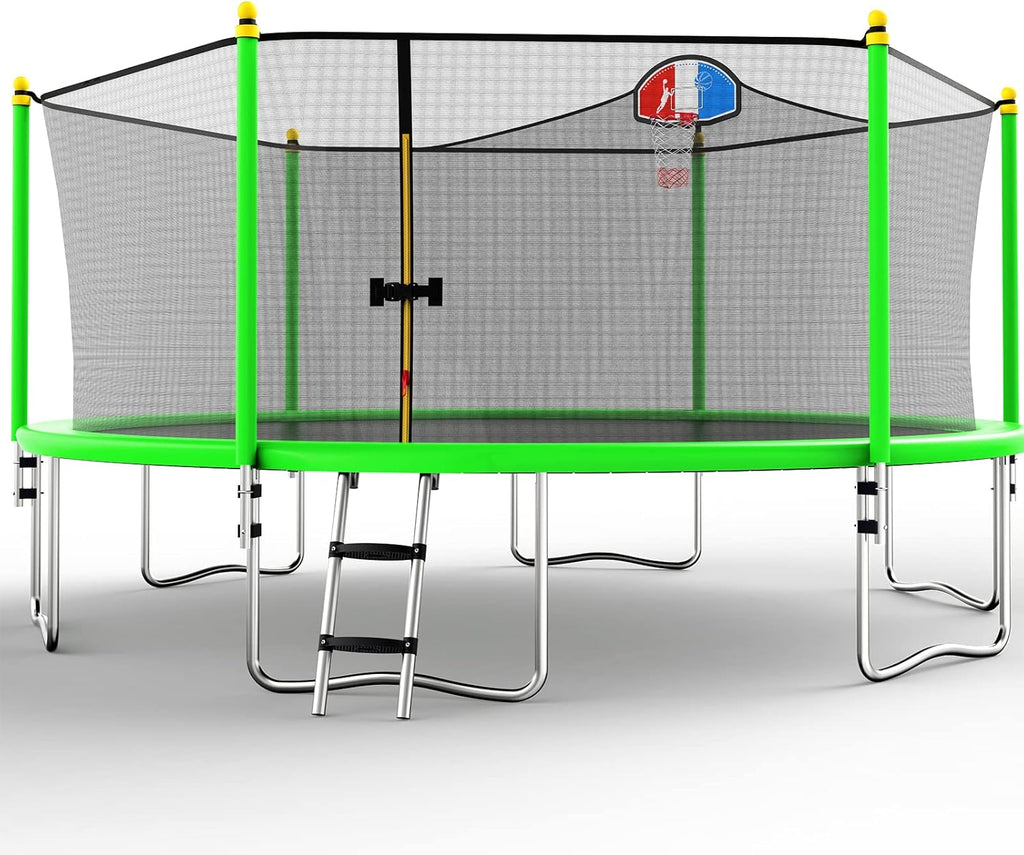 12 14 15 16FT Trampoline with Enclosure Net, Basketball Hoop and Ladder R1530