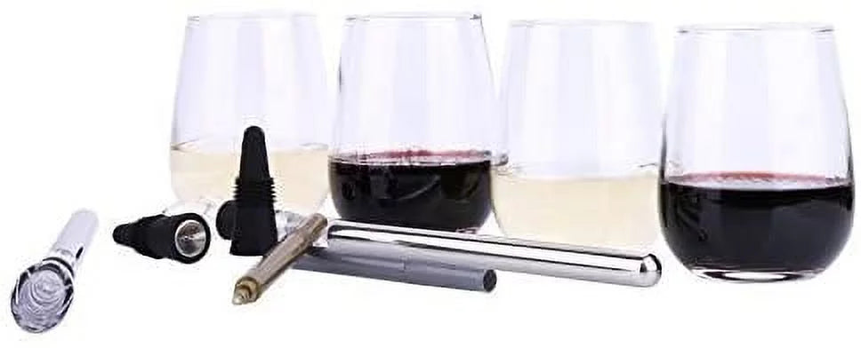 10 Pc Wine Accessories Set with Glasses Chiller Marker and Stopper E7182