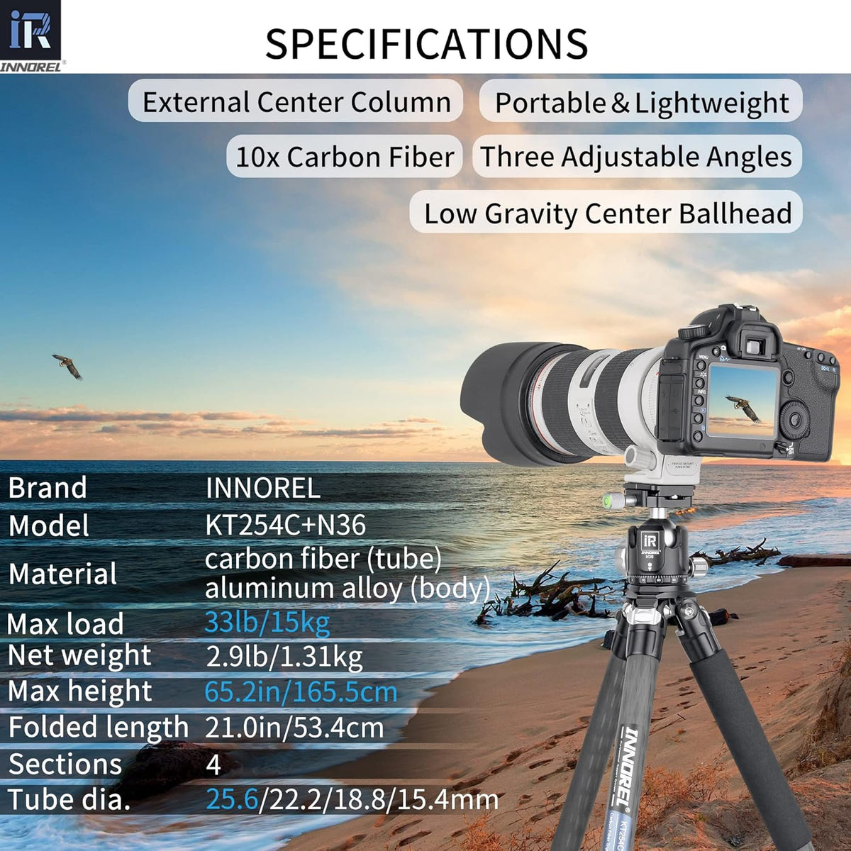 Carbon Fiber Tripod Portable Compact Travel Tripod with Panoramic Ballhead Center Column X711116