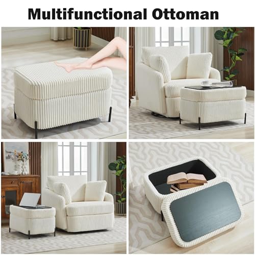 Oversized Swivel Accent Chair with Ottoman, Corduroy, Gray O86421