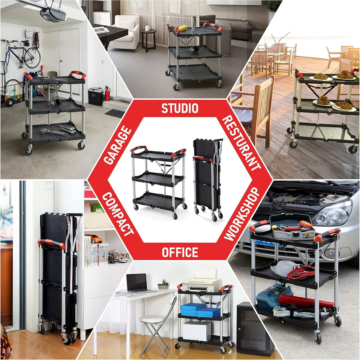 Black/Red Folding Collapsible Service Cart U4945