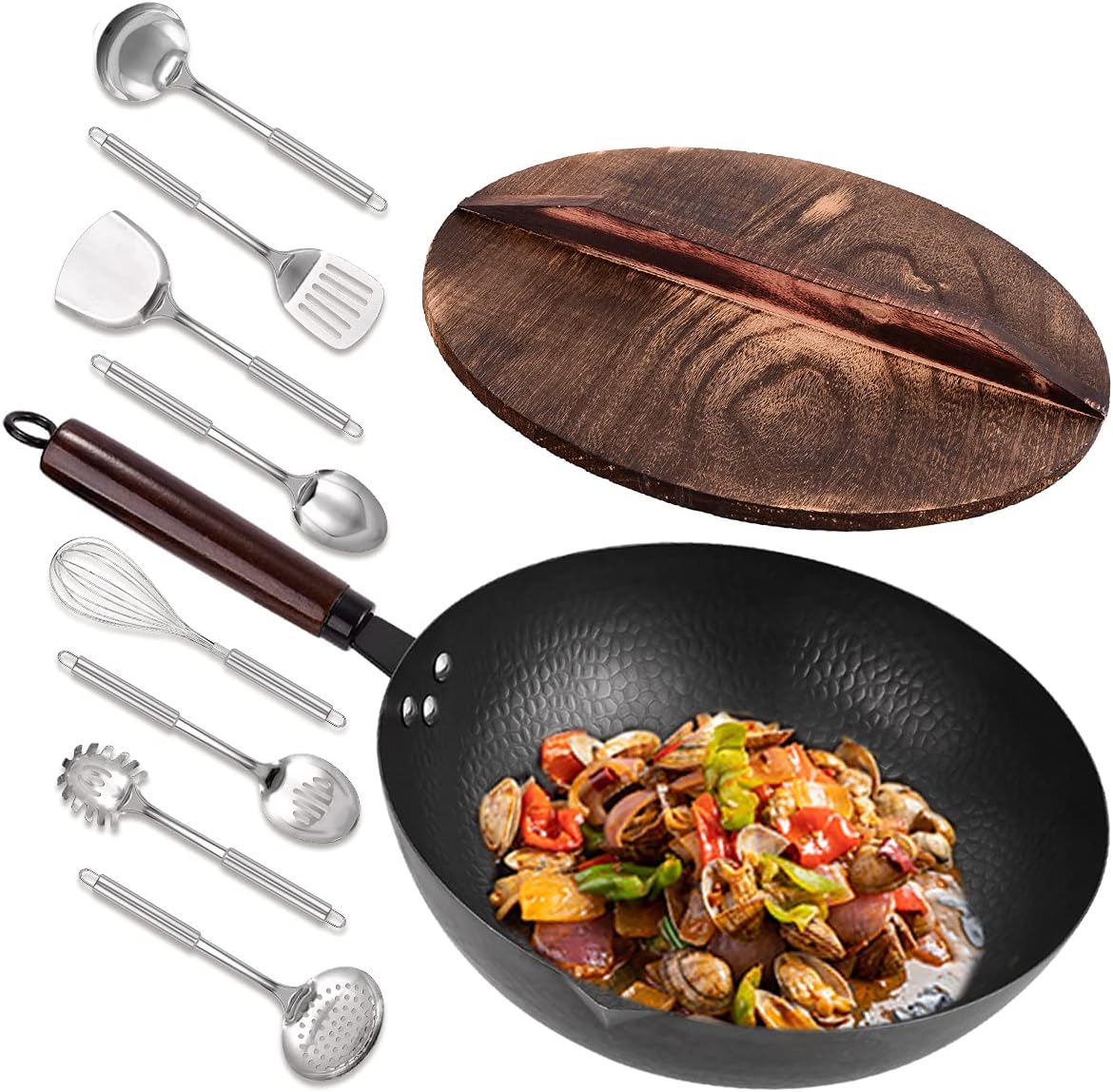 Carbon Steel Wok with Wooden Handle and Lid, 11 Pcs Cookware Set S9628