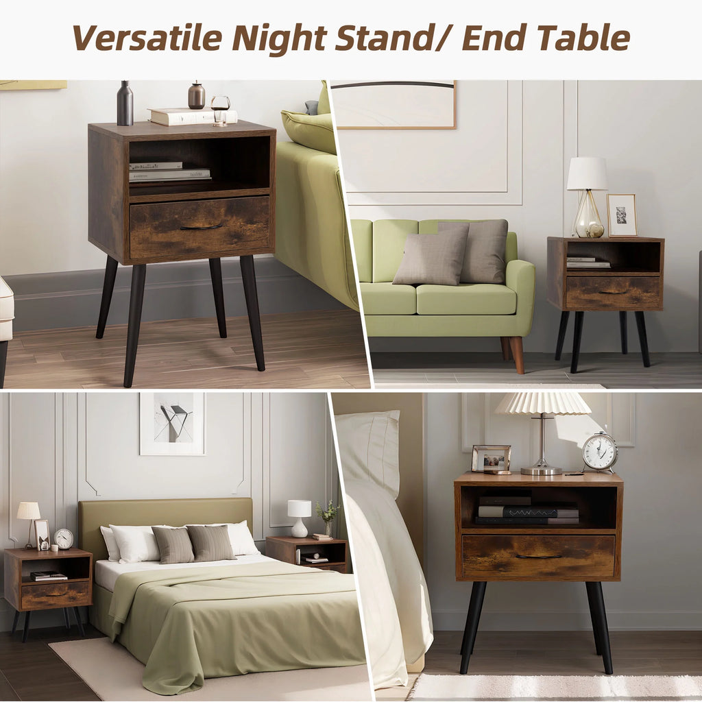 Brown Nightstand Set of 2 with Drawer and Shelf G82346