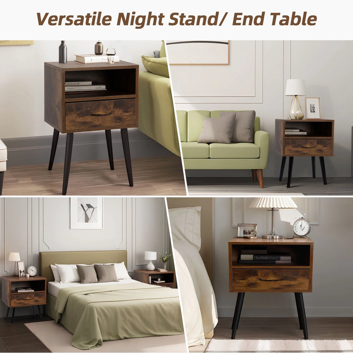 Brown Nightstand Set of 2 with Drawer and Shelf G82346
