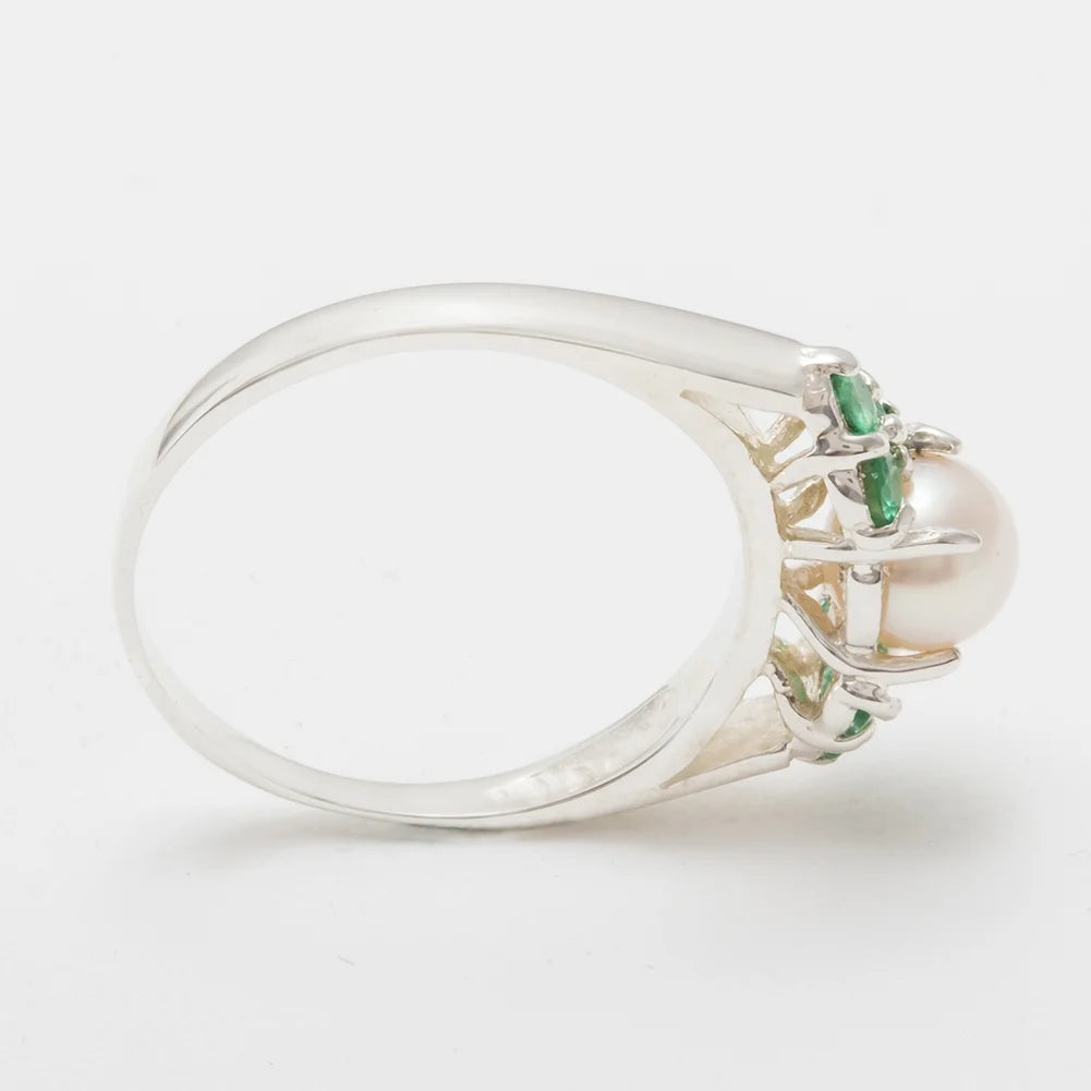 9k White Gold Cultured Pearl & Emerald Cluster Ring G60229