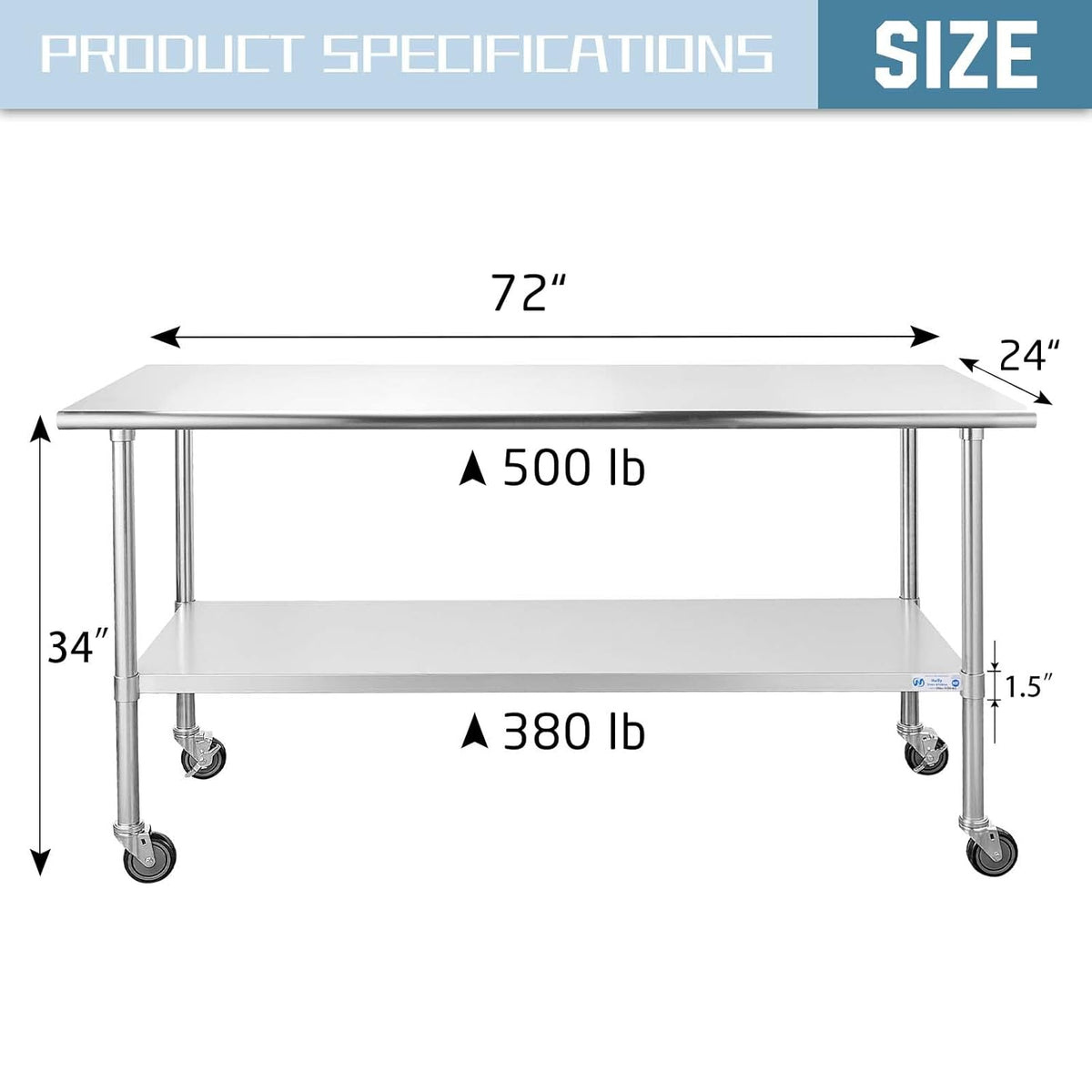 Stainless Steel Table 24 x 72 Inches with Caster Wheels and Undershelf G765