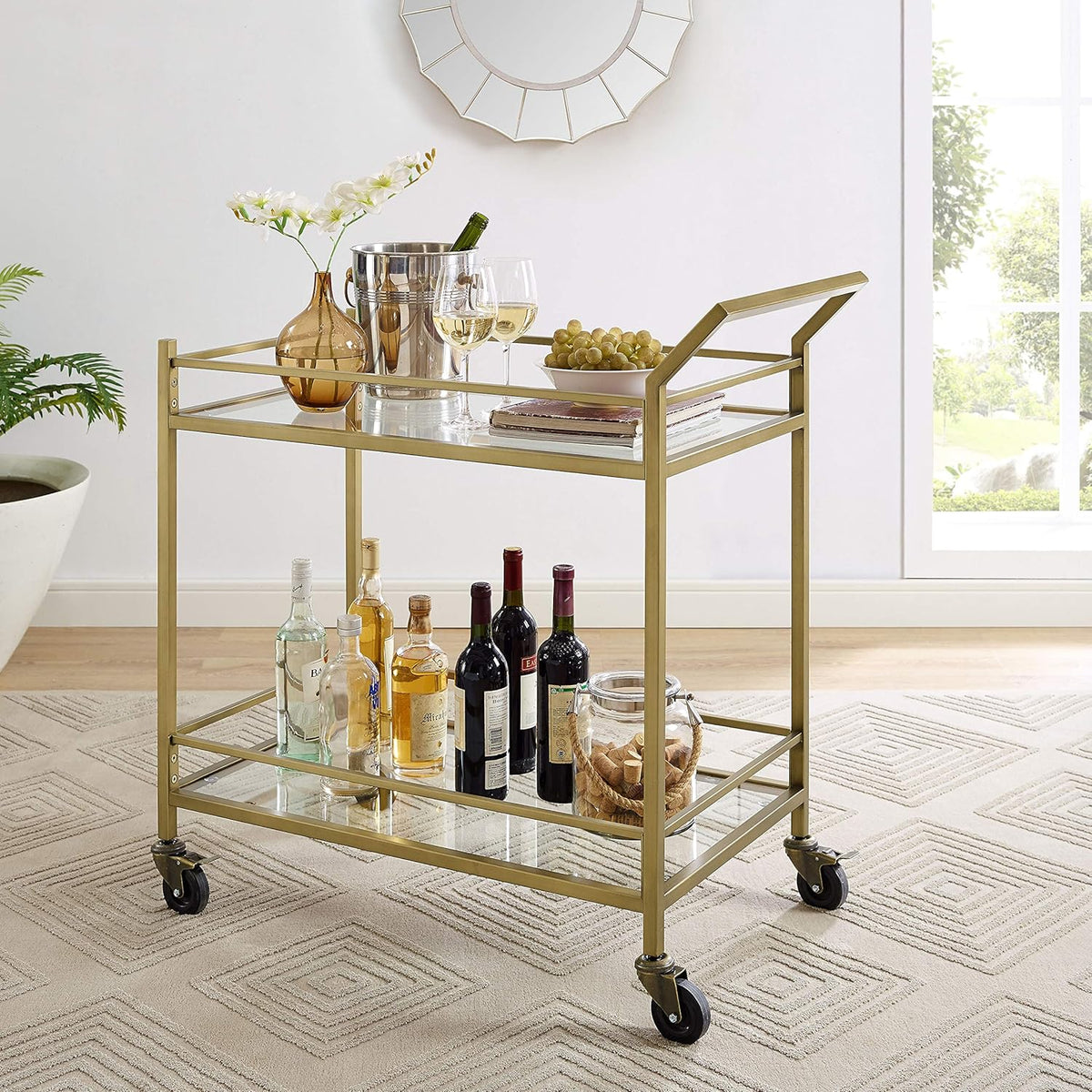 Gold and Glass Rolling Bar Cart N43281