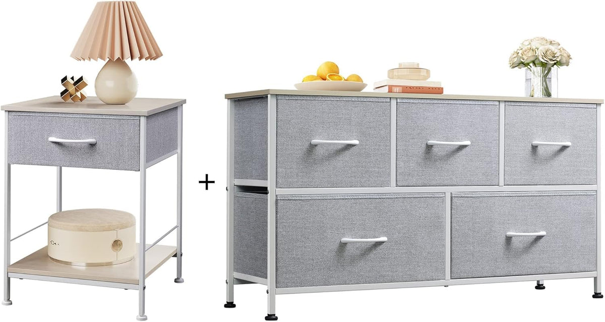 1-Drawer Nightstand and 5-Drawer Dresser Set with Fabric Bins, Steel Frame U358