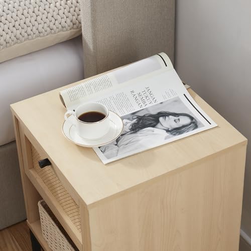 Black 1-Drawer Wood Rattan Nightstand I1896