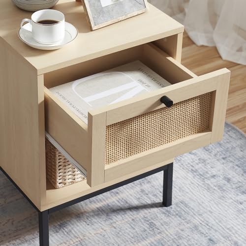 Black 1-Drawer Wood Rattan Nightstand I1896