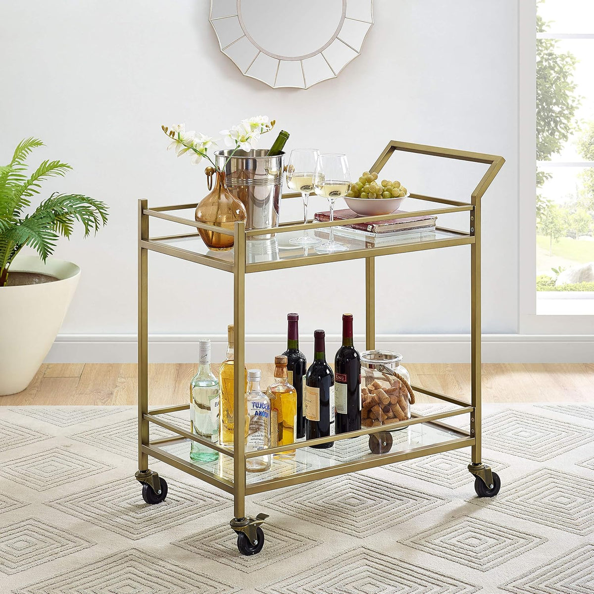 Gold and Glass Rolling Bar Cart N43281