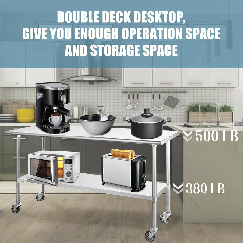Stainless Steel Table 24 x 72 Inches with Caster Wheels and Undershelf G765