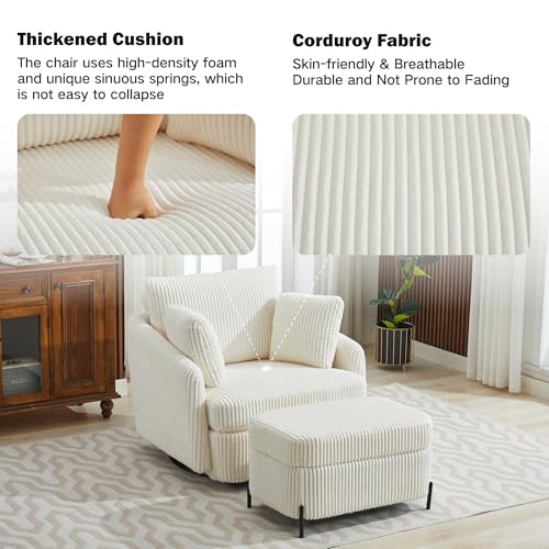 Oversized Swivel Accent Chair with Ottoman, Corduroy, Gray O86421