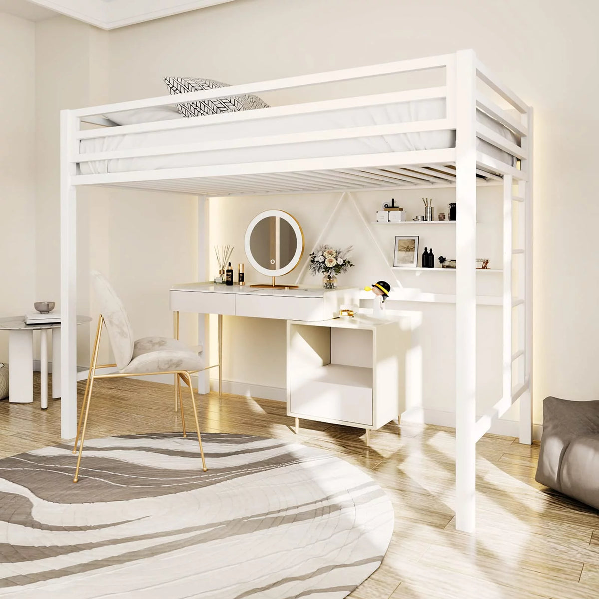 Twin Size White Loft Bed with Metal Ladder U7327