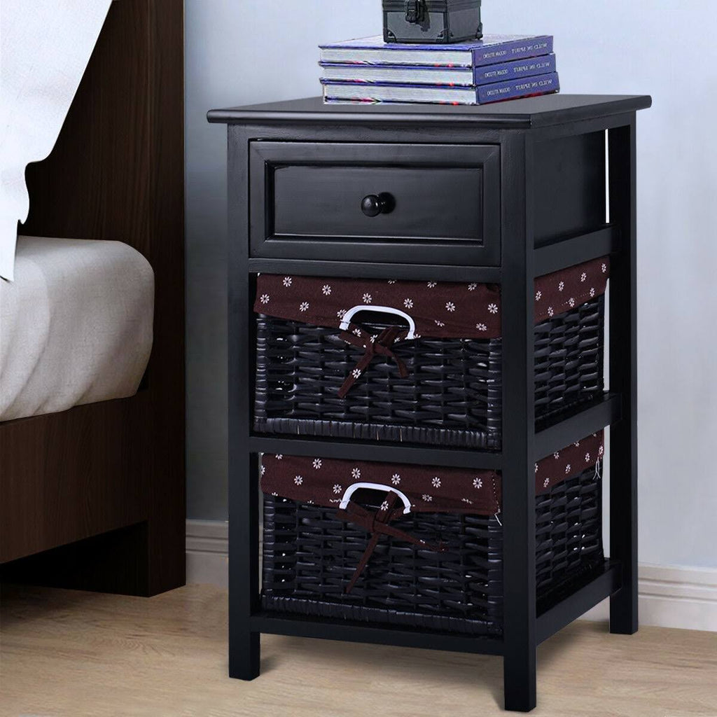 Black 3 Tiers 1 Drawer Wood Night Stand with 2 Baskets T283909