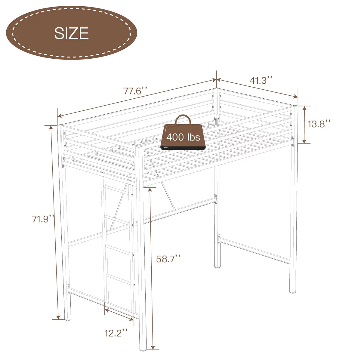 Twin Size White Loft Bed with Metal Ladder U7327