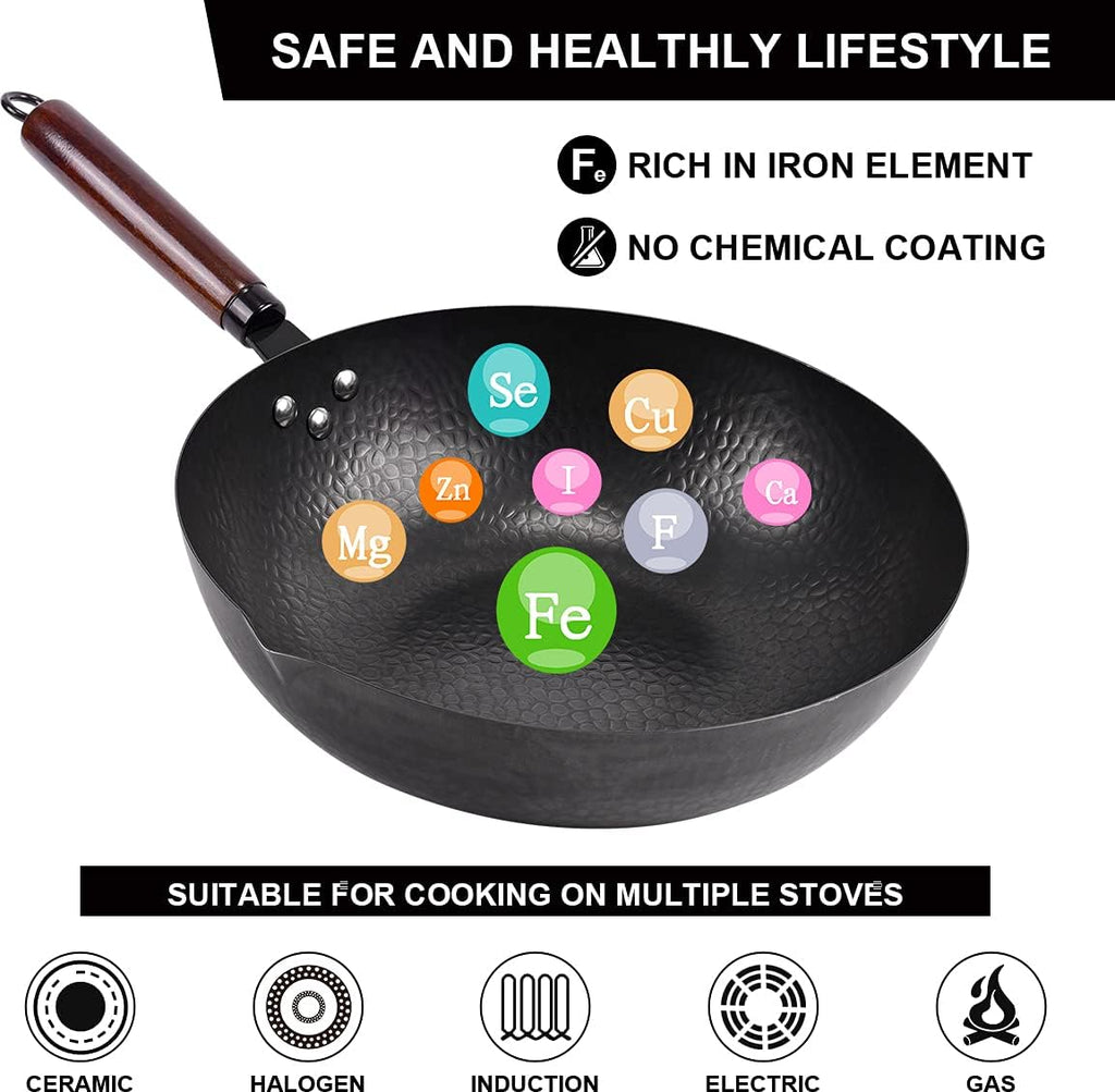 Carbon Steel Wok with Wooden Handle and Lid, 11 Pcs Cookware Set S9628