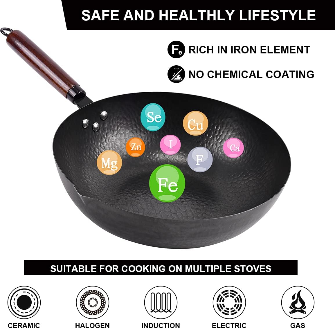 Carbon Steel Wok with Wooden Handle and Lid, 11 Pcs Cookware Set S9628