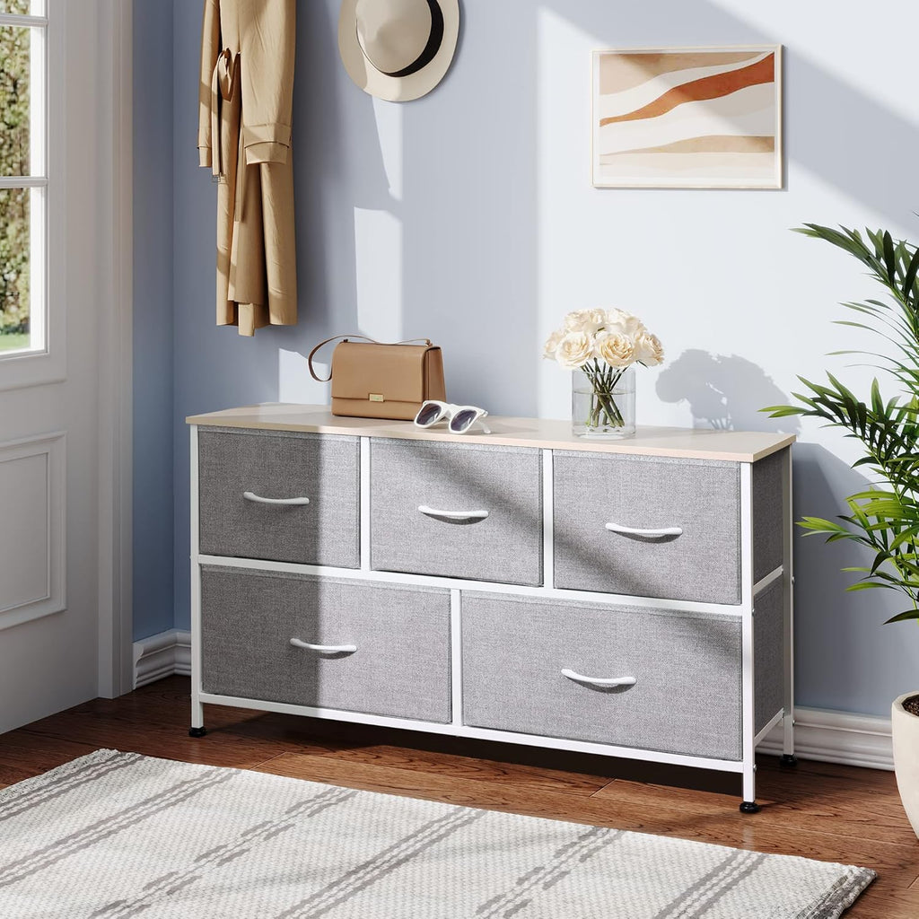 1-Drawer Nightstand and 5-Drawer Dresser Set with Fabric Bins, Steel Frame U358