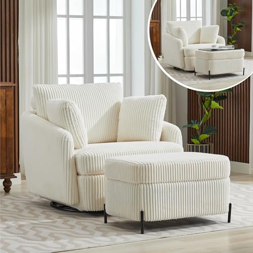 Oversized Swivel Accent Chair with Ottoman, Corduroy, Gray O86421