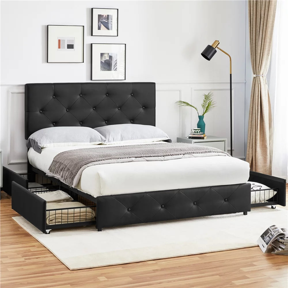 Black Full Size Upholstered Platform Bed Frame with Storage S136
