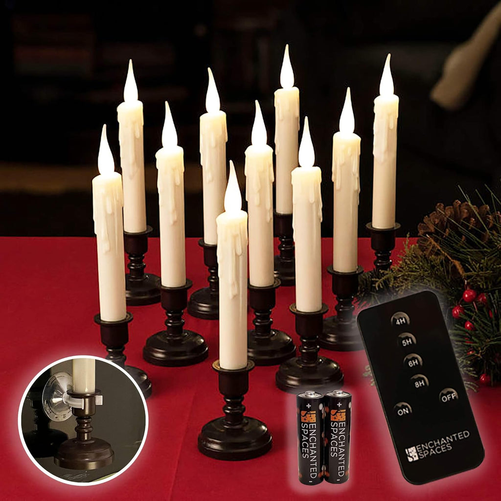 Set of 10 Flameless Ivory Window Candles with Gold Candle Stands Q4831