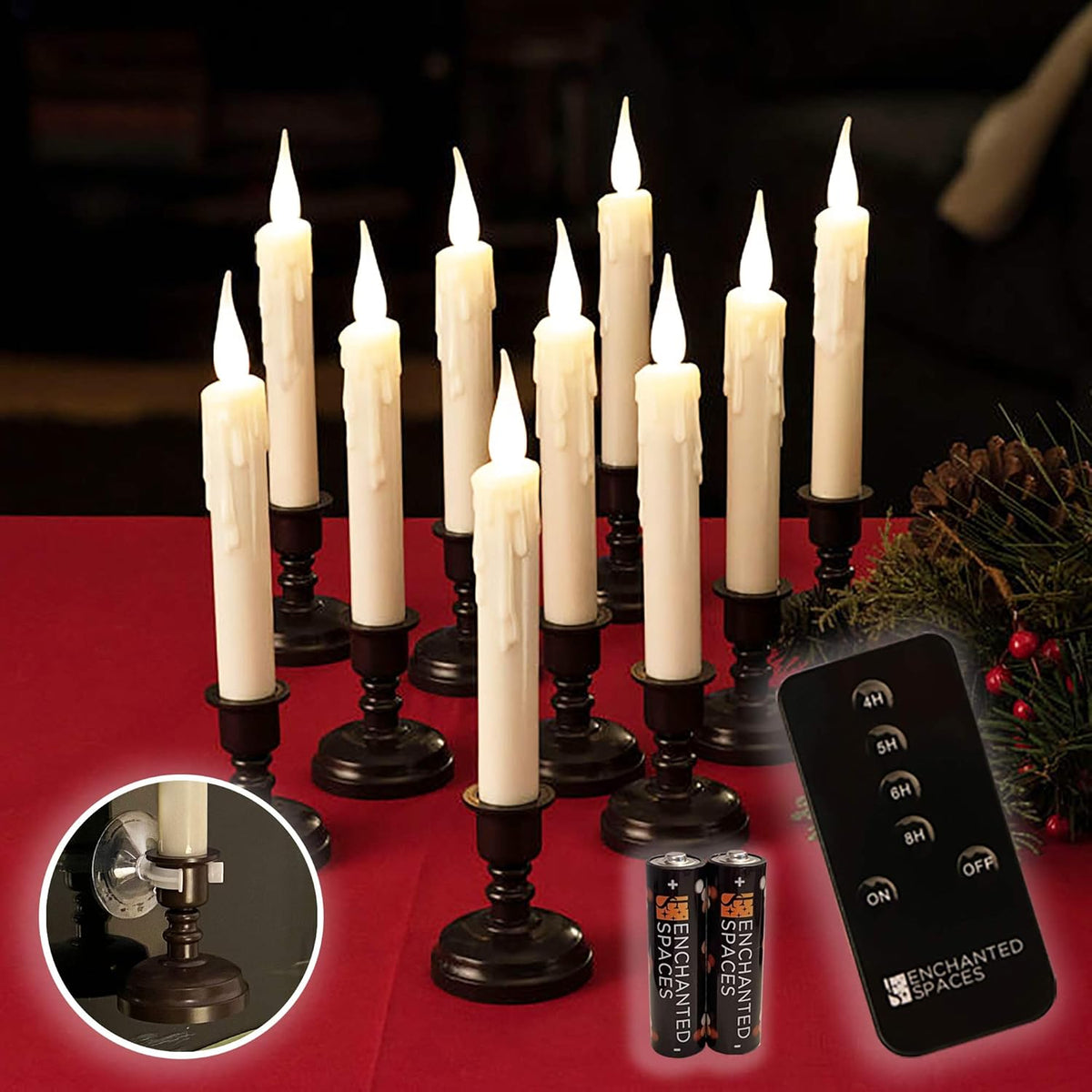 Set of 10 Flameless Ivory Window Candles with Gold Candle Stands Q4831