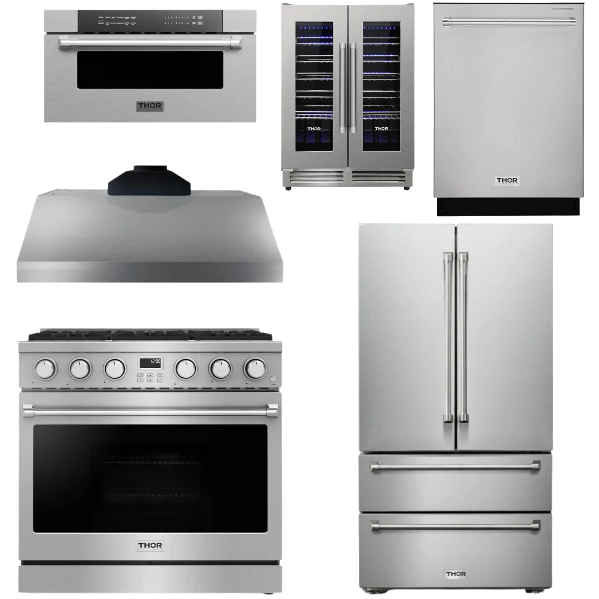 36 Gas Range, Range Hood, Refrigerator, Dishwasher, Microwave and Wine Cooler I2198