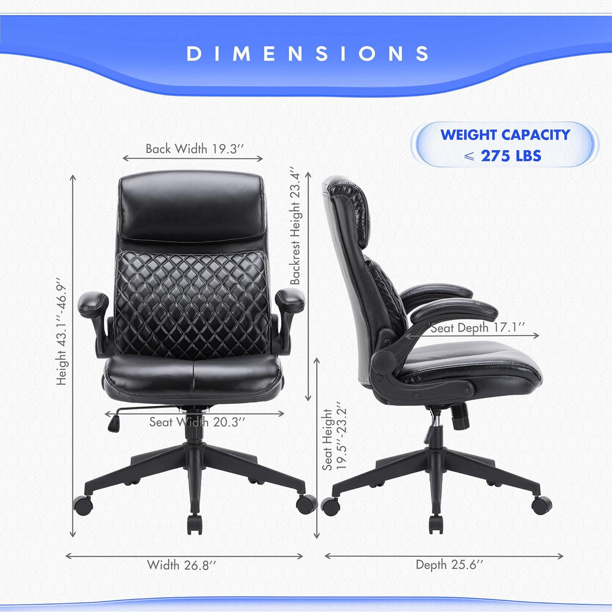 Black Leather High Back Executive Office Chair with Padded Flip-up Arms Y798