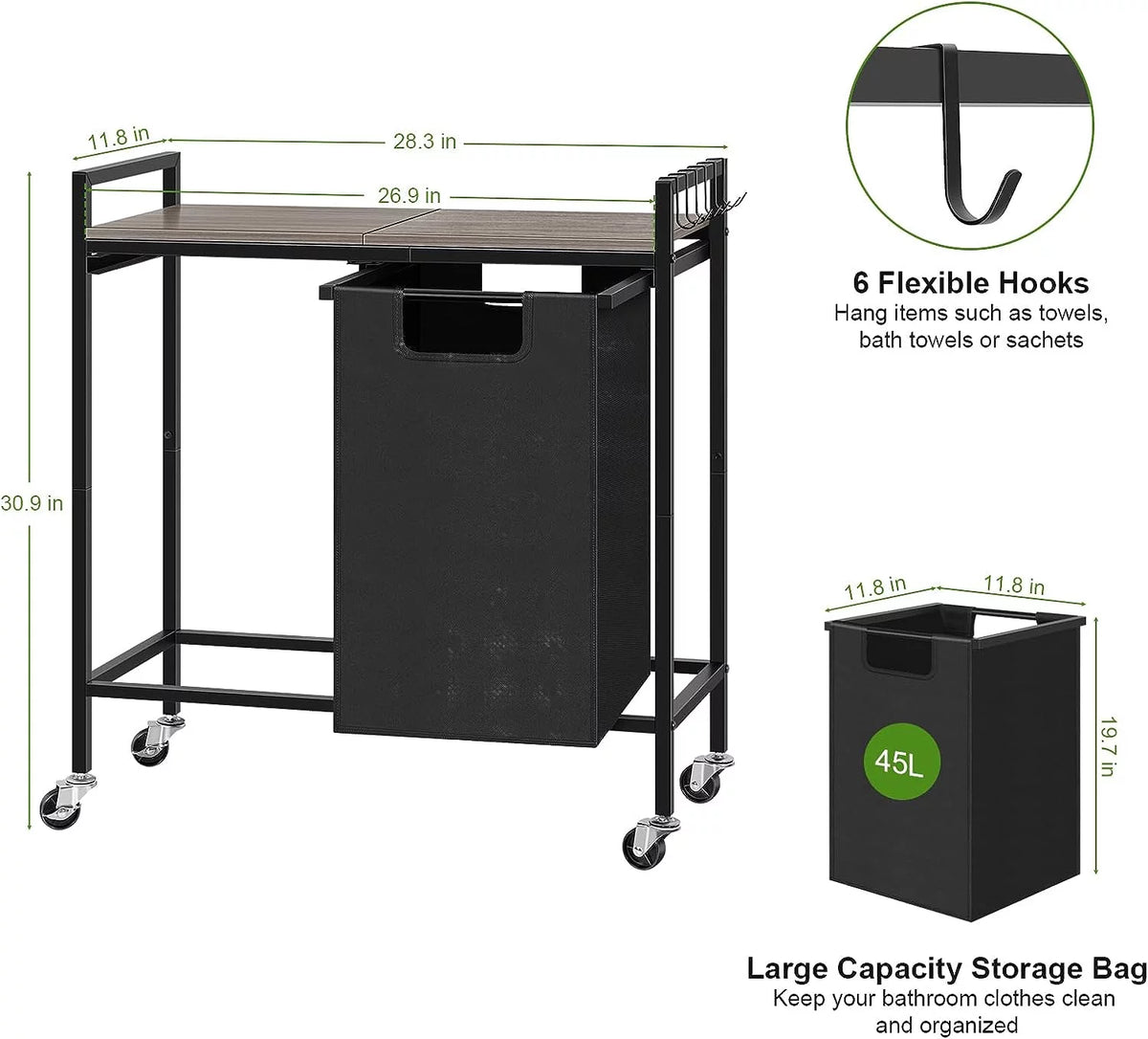 Black Double Laundry Hamper with Removable Bag and Shelf L8662