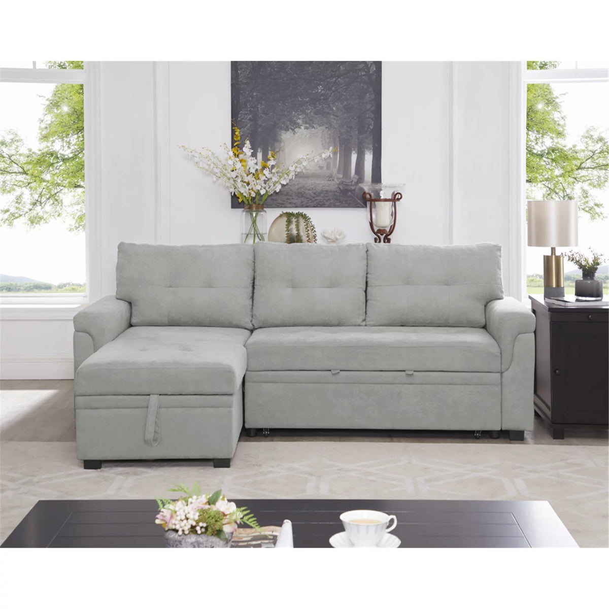 Reversible Velvet Sleeper Sectional Sofa with Storage Chaise E49885