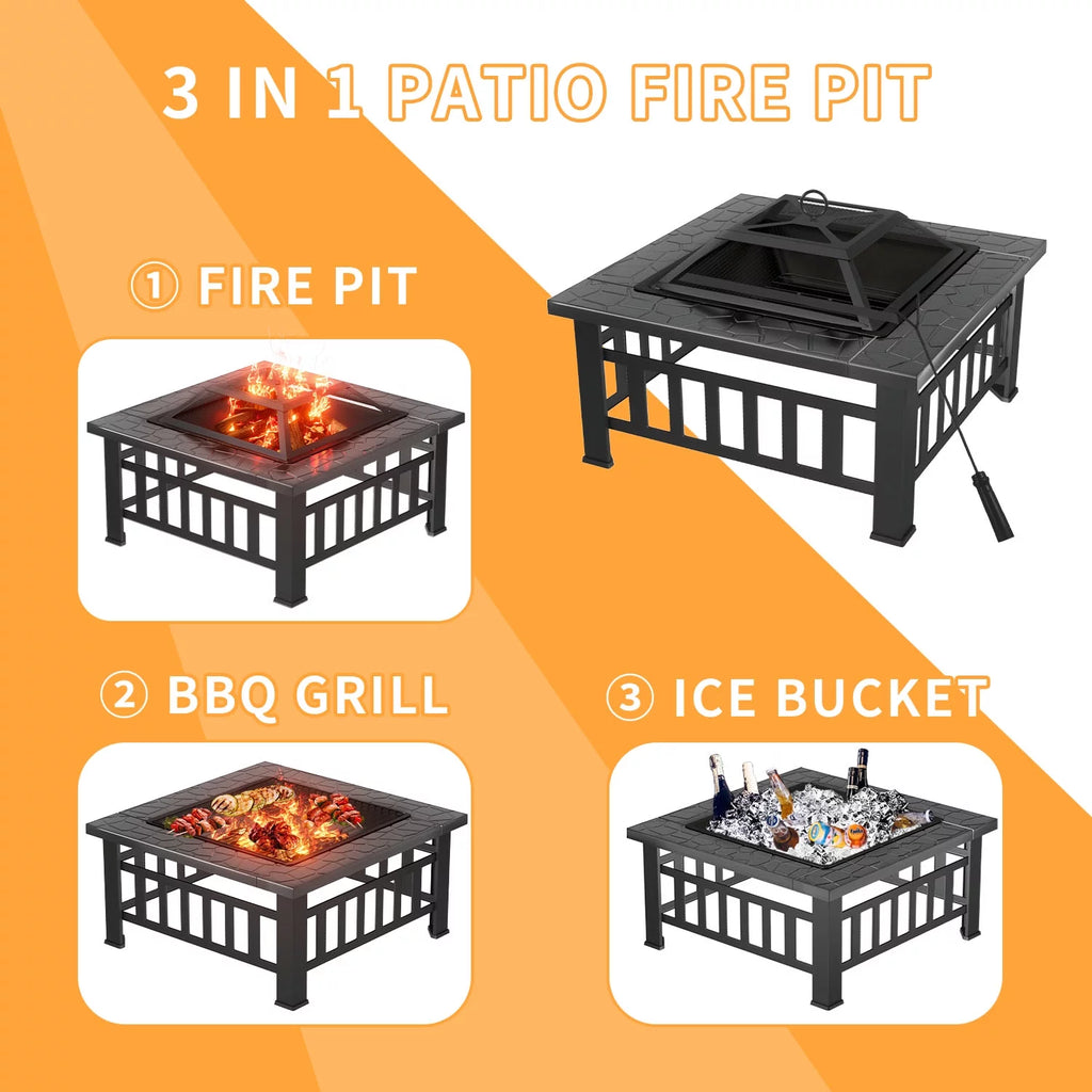 32 Square Fire Pit Table with Mesh Lid, Poker and Cover, Black V6614