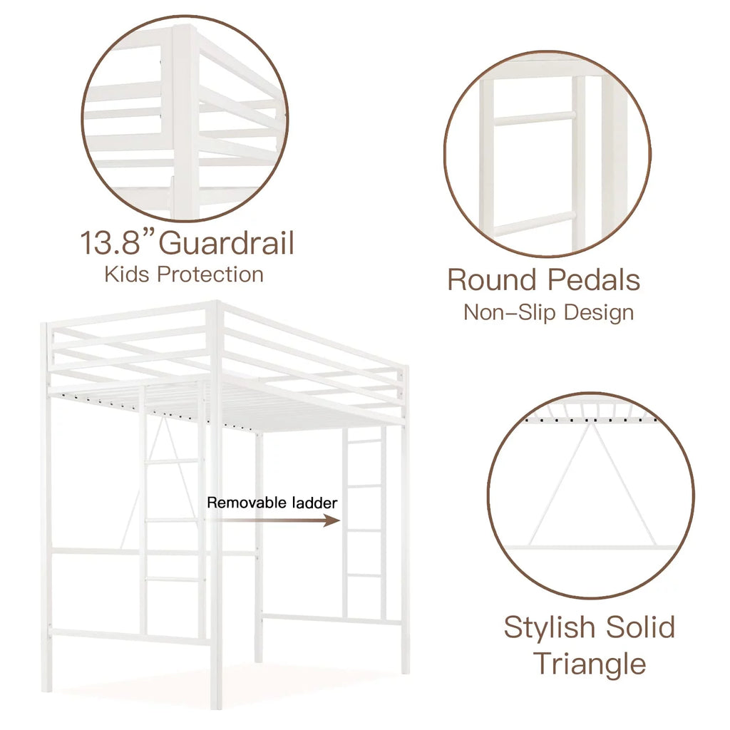 Twin Size White Loft Bed with Metal Ladder U7327