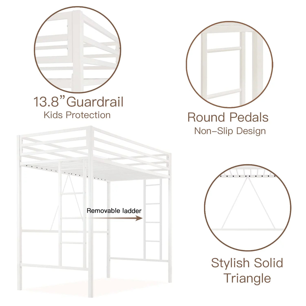 Twin Size White Loft Bed with Metal Ladder U7327