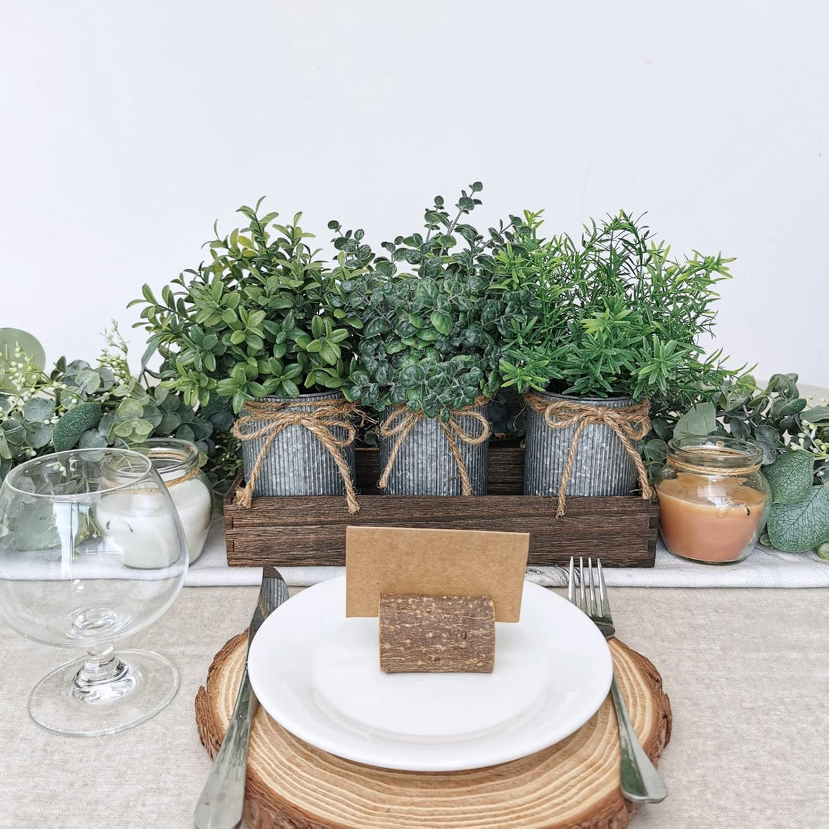 Set of 3 Mini Faux Potted Plants in Rustic Galvanized Metal Pots with Rectangle Wood Box W7383