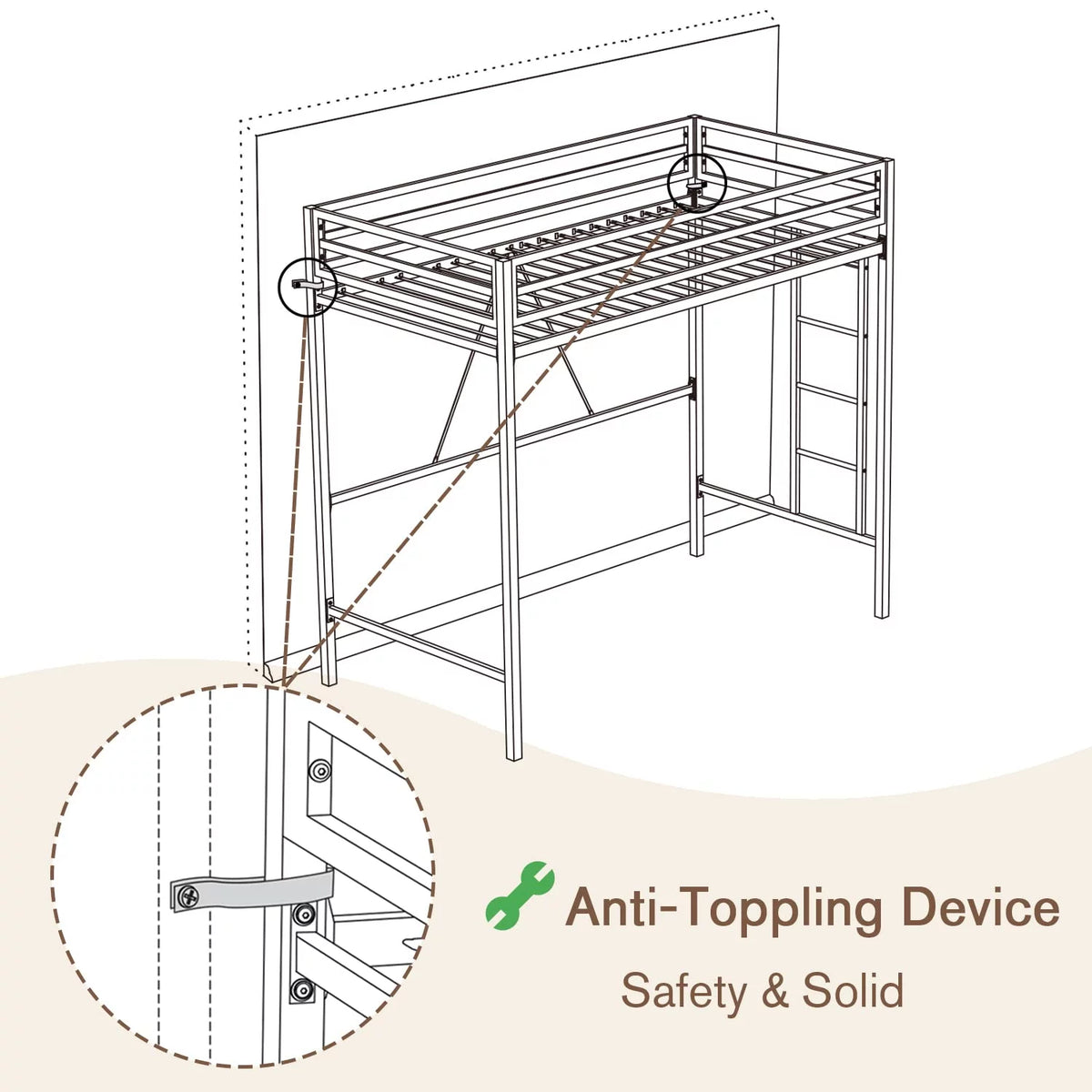 Twin Size White Loft Bed with Metal Ladder U7327
