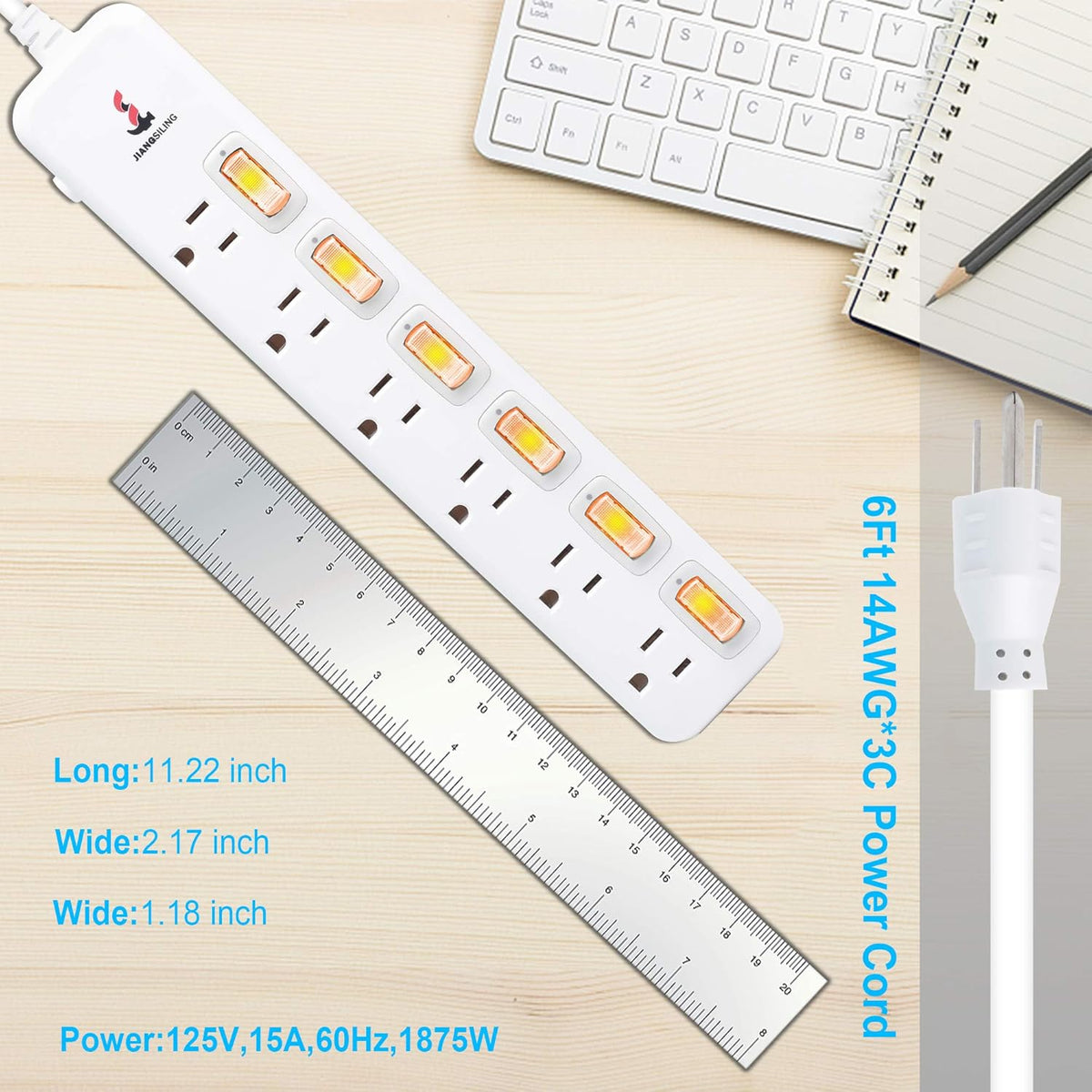 6 Outlets Surge Protector Power Strip with Individual Switch I2696