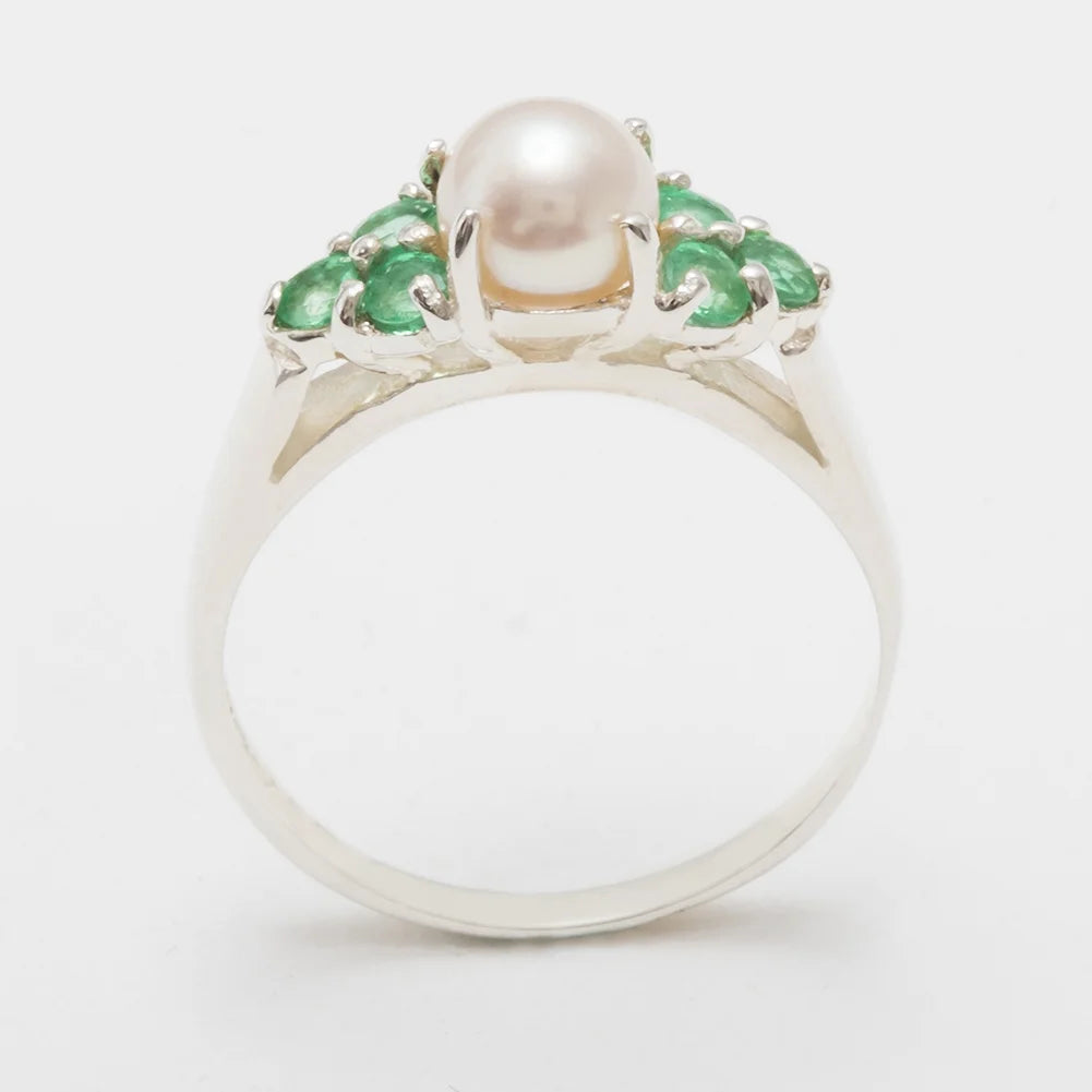 9k White Gold Cultured Pearl & Emerald Cluster Ring G60229