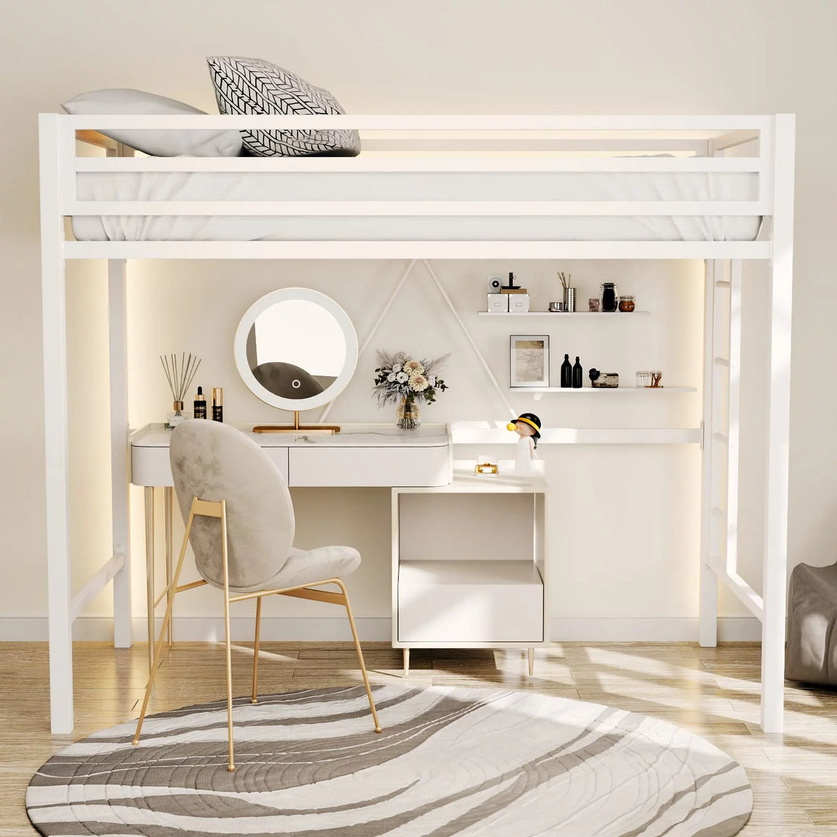 Twin Size White Loft Bed with Metal Ladder U7327