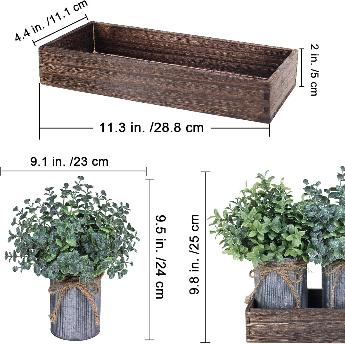 Set of 3 Mini Faux Potted Plants in Rustic Galvanized Metal Pots with Rectangle Wood Box W7383