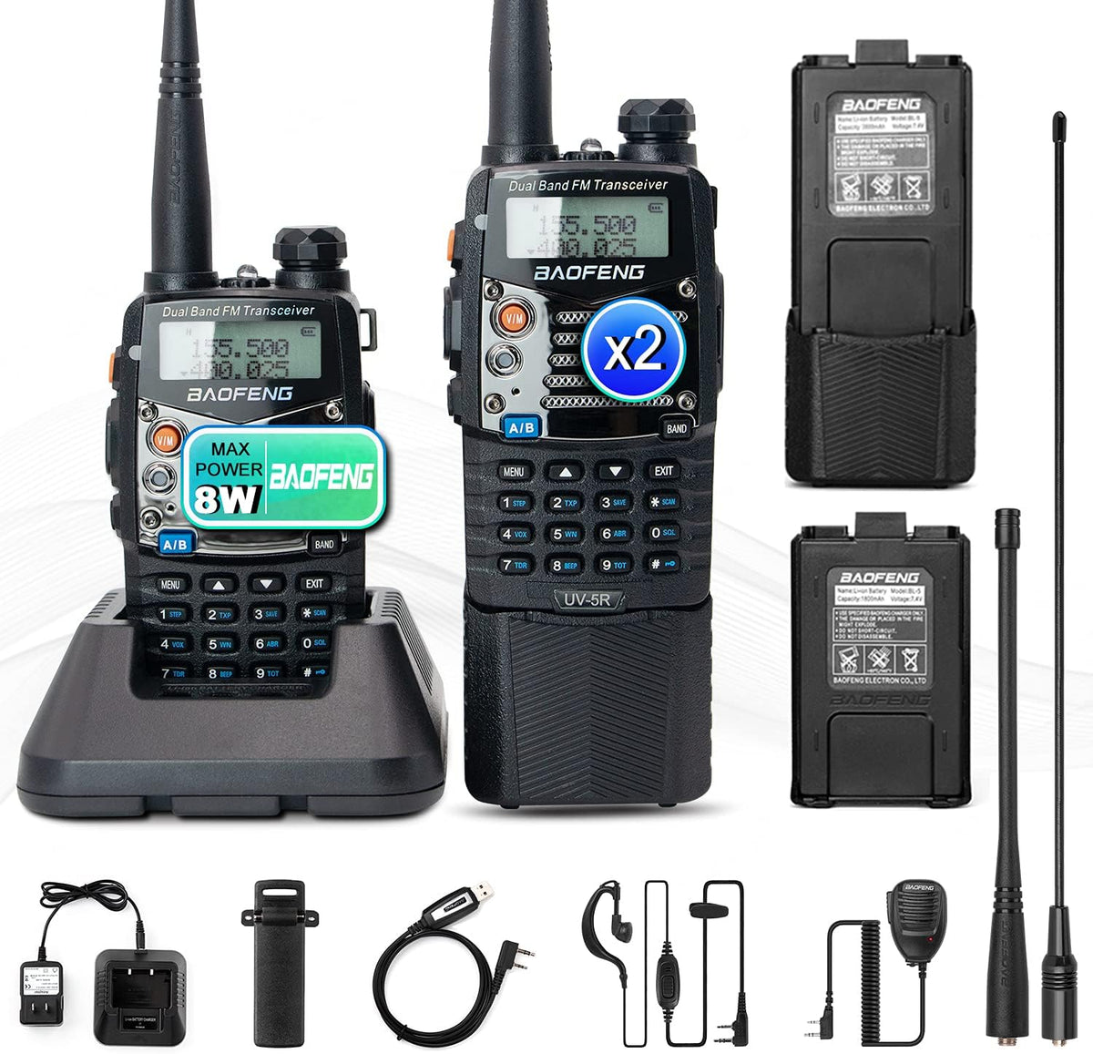 UV-5R Pro Dual Band Handheld Ham Radio 2-Way Radio with Extra 3800mAh Battery and Earpiece (2 Pack) L283936