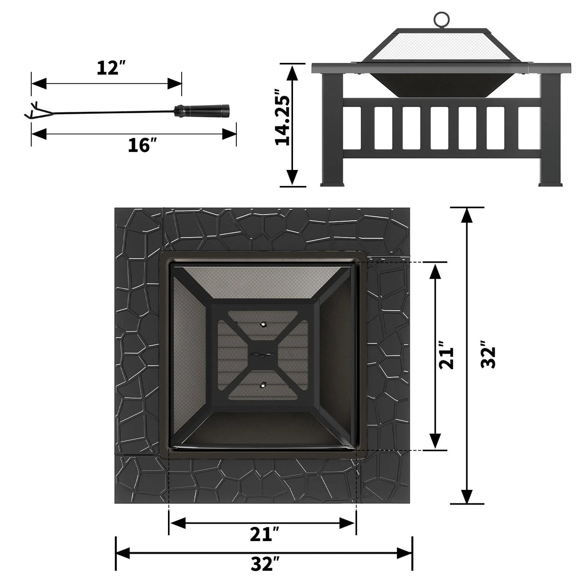 32 Square Fire Pit Table with Mesh Lid, Poker and Cover, Black V6614