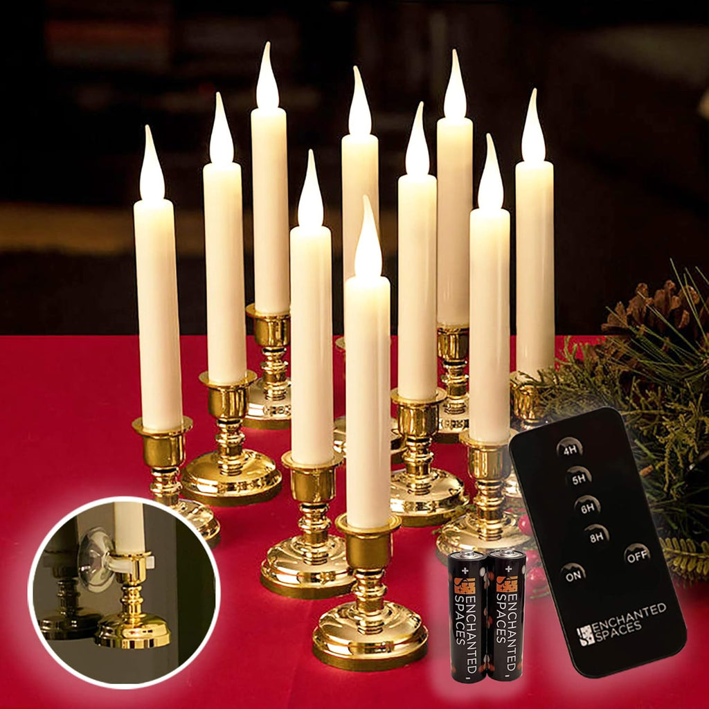 Set of 10 Flameless Ivory Window Candles with Gold Candle Stands Q4831