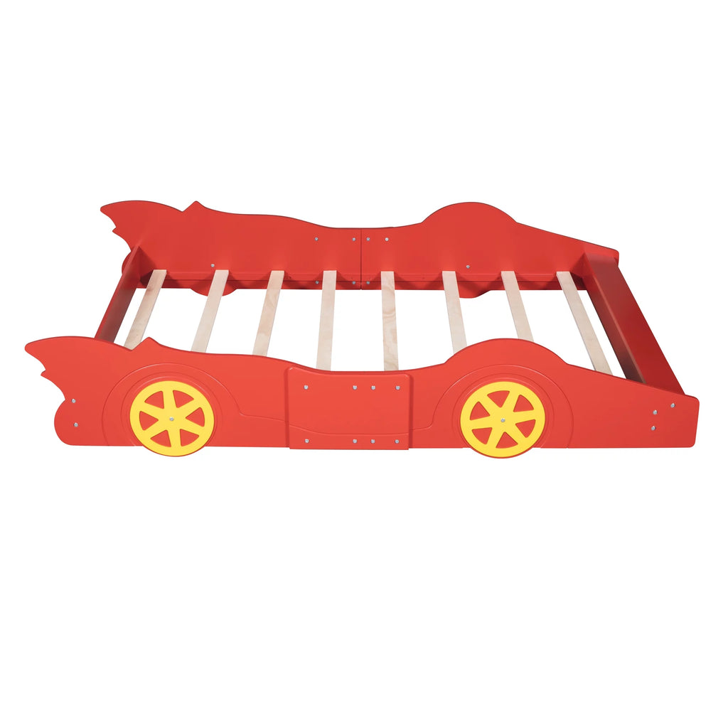 Full Size Race Car Shaped Wood Platform Bed Frame with Wheels L338
