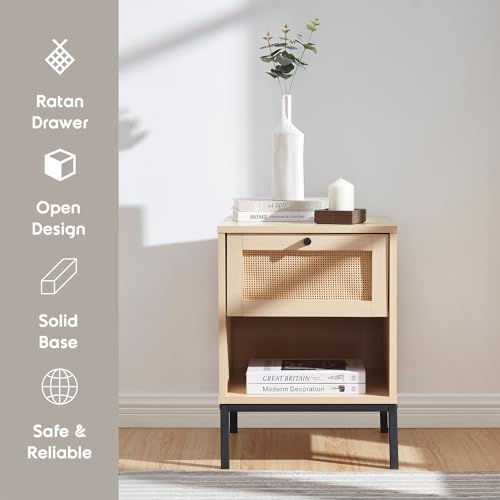 Black 1-Drawer Wood Rattan Nightstand I1896