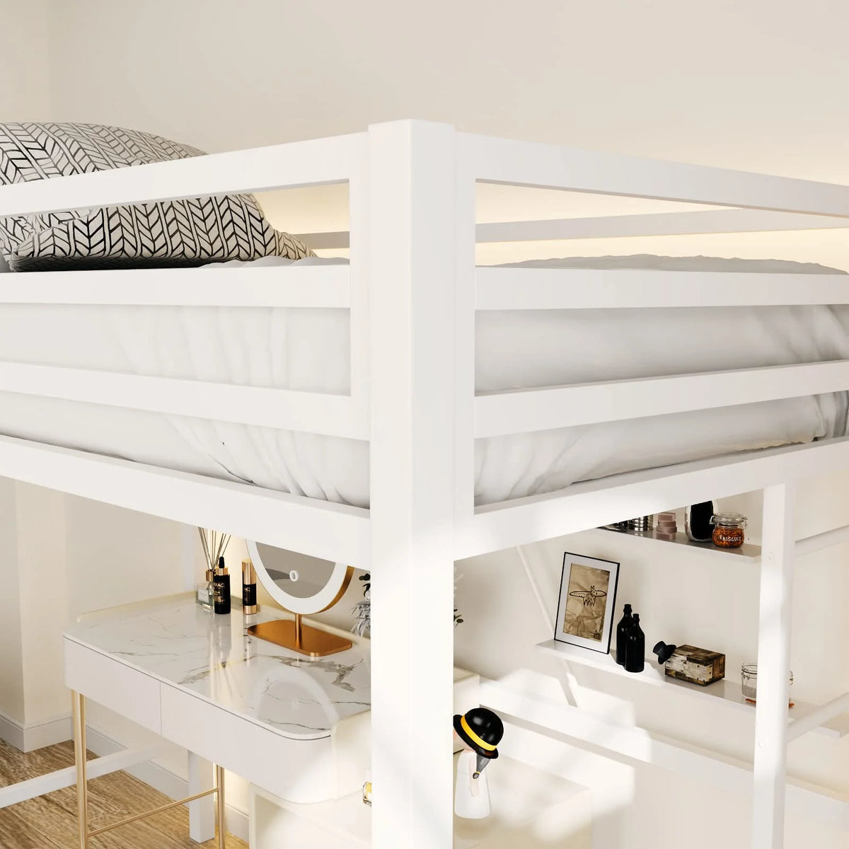 Twin Size White Loft Bed with Metal Ladder U7327