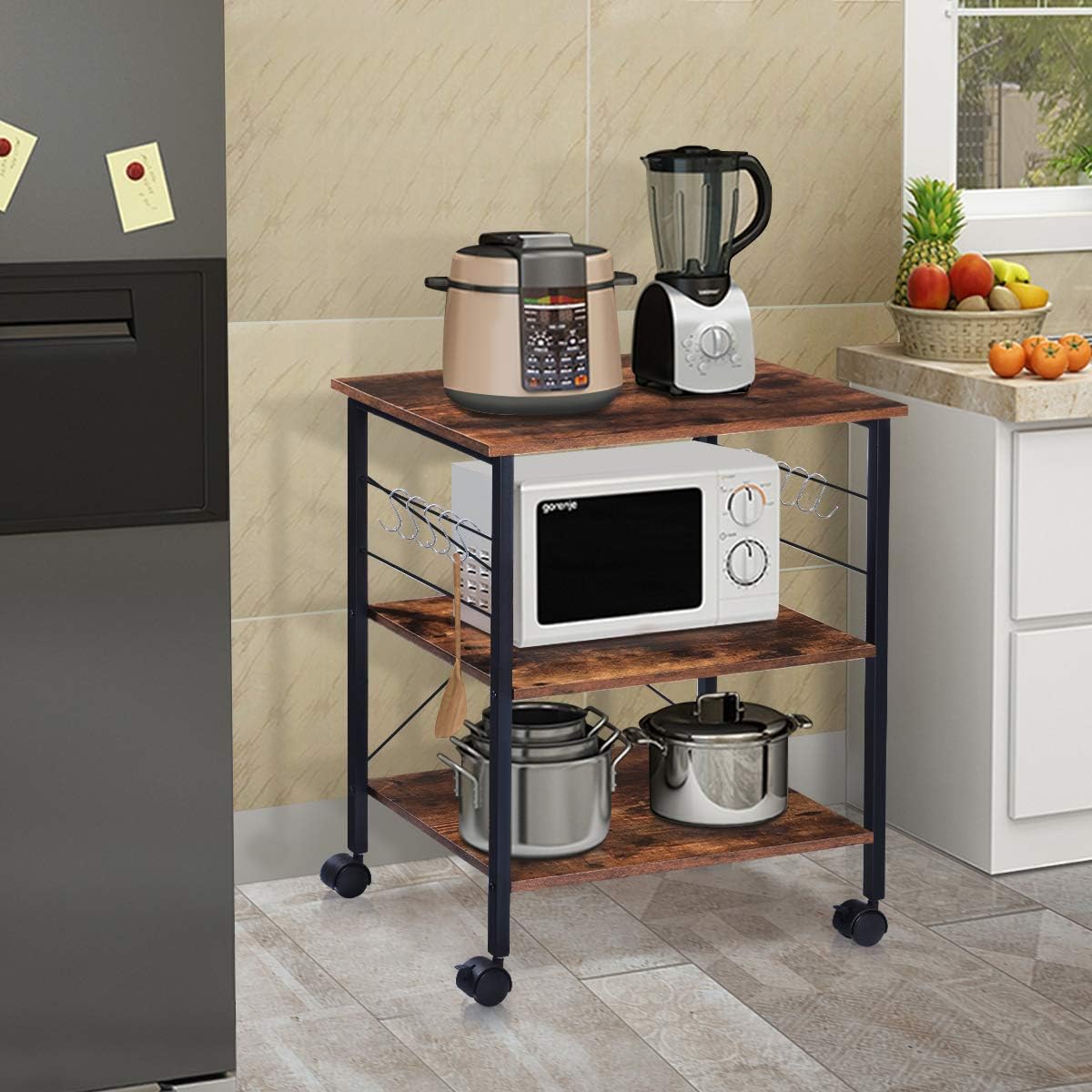 Rustic Brown 3-Tier Kitchen Cart with Wheels L824221